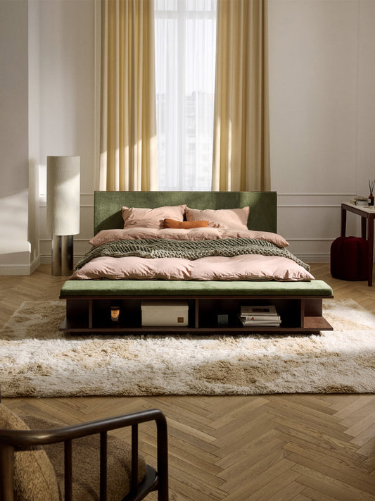 Clark Bed Frame in Wood with Side Shelves and Bench