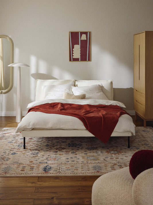 Amelia Bed, Upholstered in Teddy Bouclé