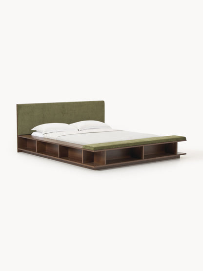 Clark Bed Frame in Wood with Side Shelves and Bench