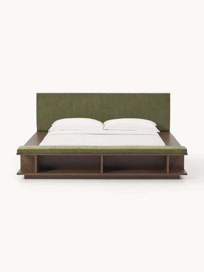 Clark Bed Frame in Wood with Side Shelves and Bench