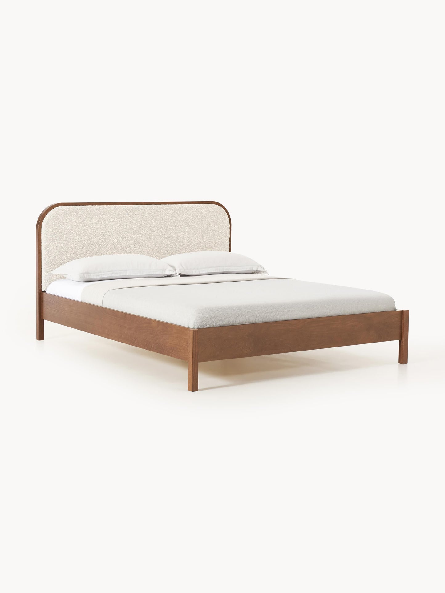 Jones Bed in Wood with Headboard in Bouclé