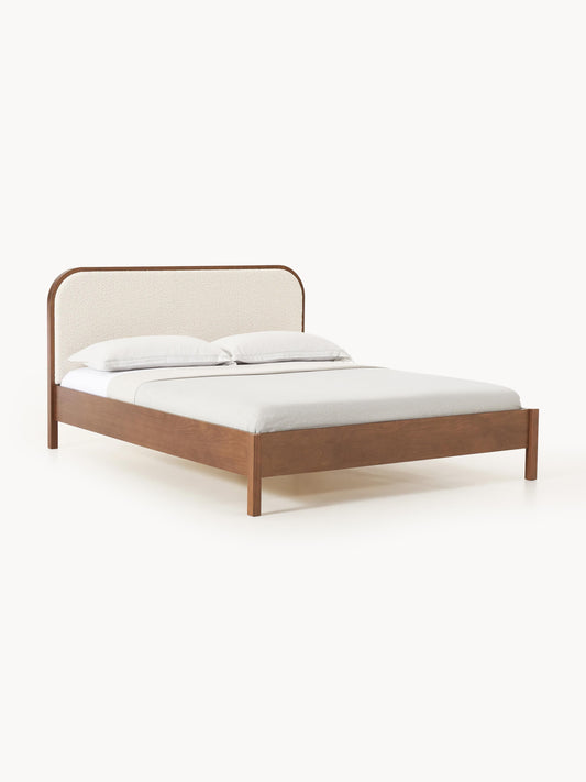 Jones Bed in Wood with Headboard in Bouclé