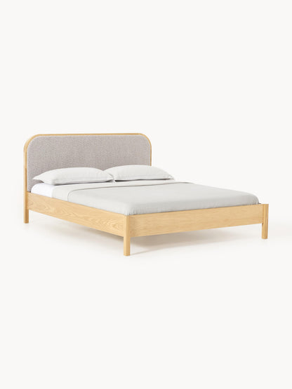 Jones Bed in Wood with Headboard in Bouclé