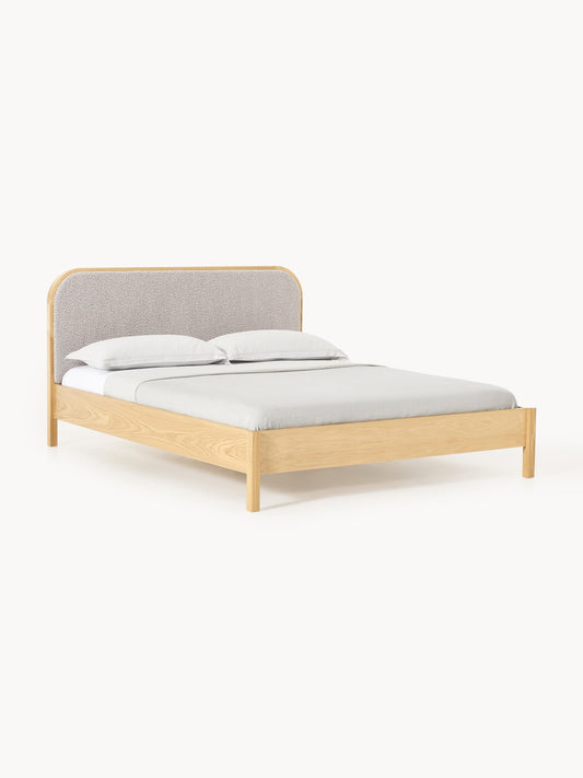 Jones Bed in Wood with Headboard in Bouclé