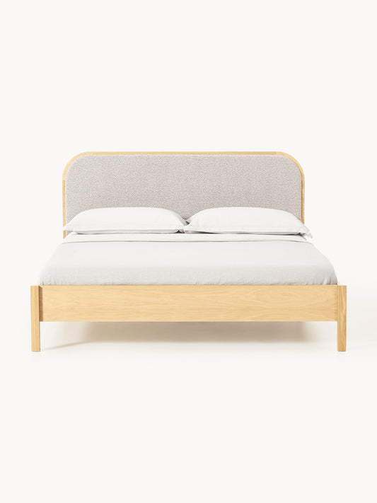 Jones Bed in Wood with Headboard in Bouclé