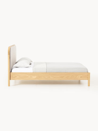 Jones Bed in Wood with Headboard in Bouclé