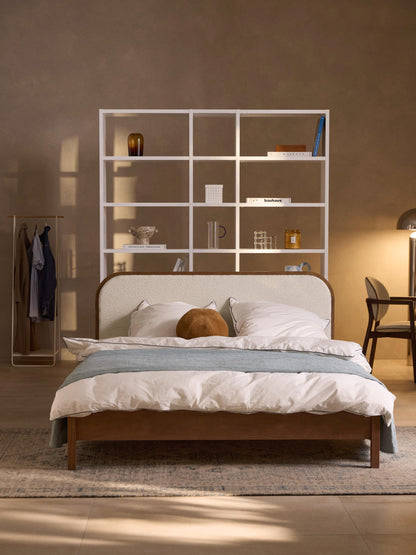Jones Bed in Wood with Headboard in Bouclé