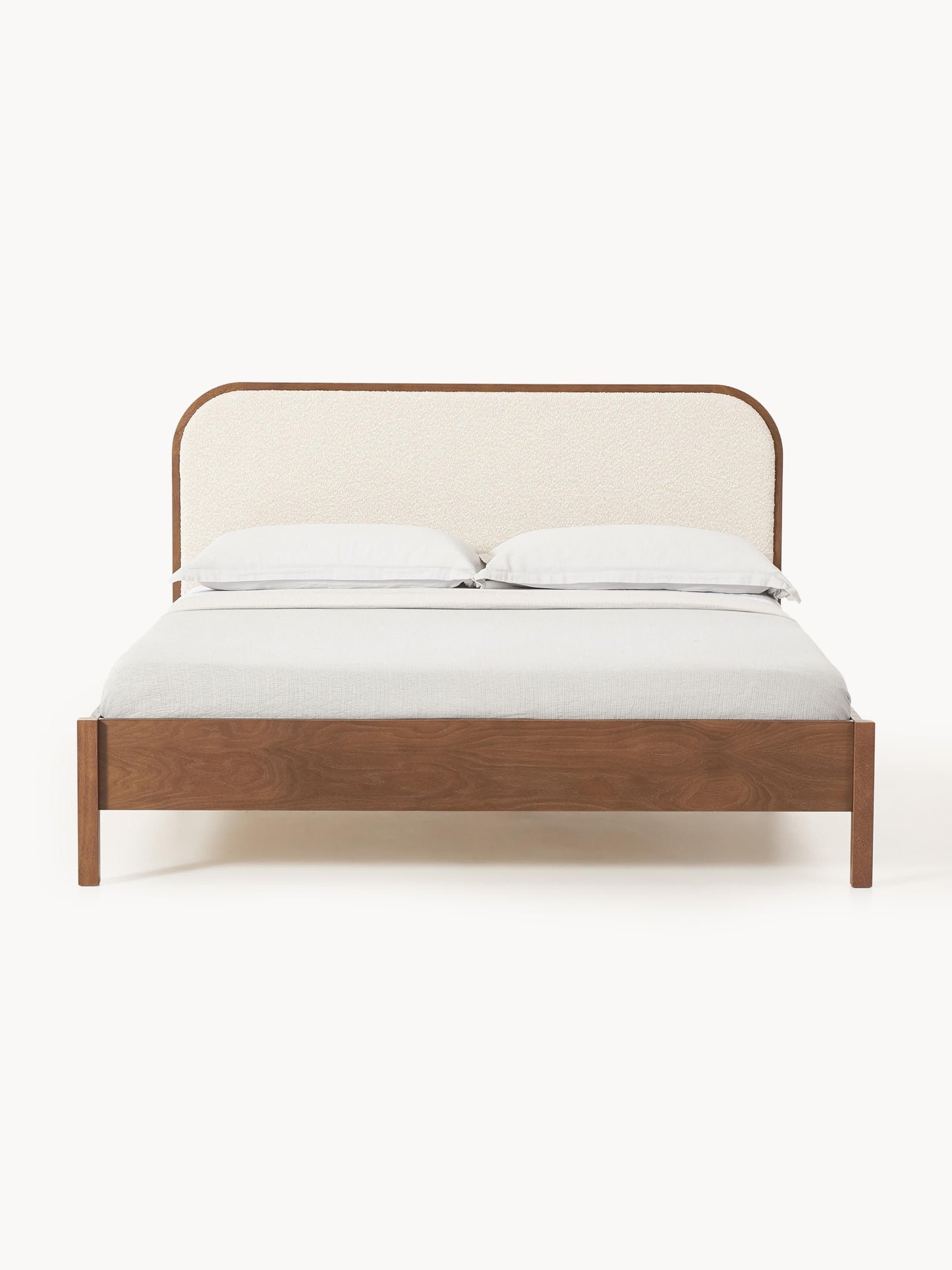 Jones Bed in Wood with Headboard in Bouclé
