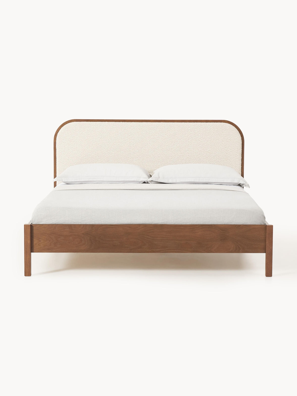 Jones Bed in Wood with Headboard in Bouclé