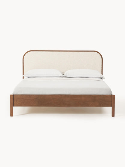 Jones Bed in Wood with Headboard in Bouclé