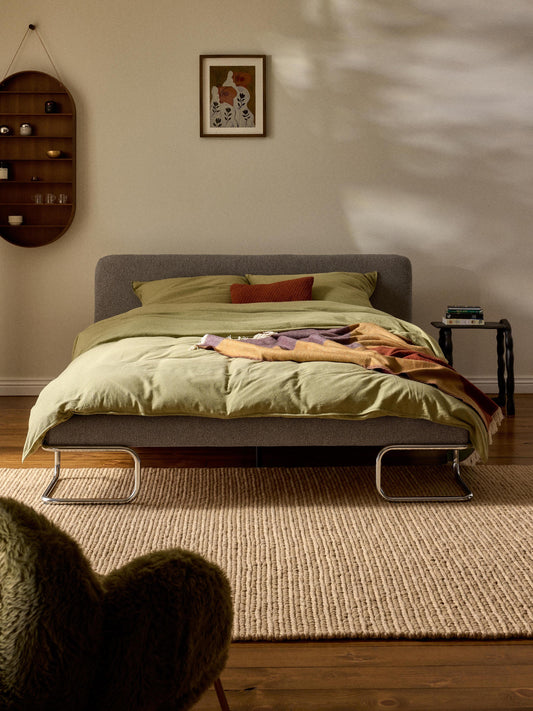 Olina Upholstered Bed in Bouclé, Metal Legs