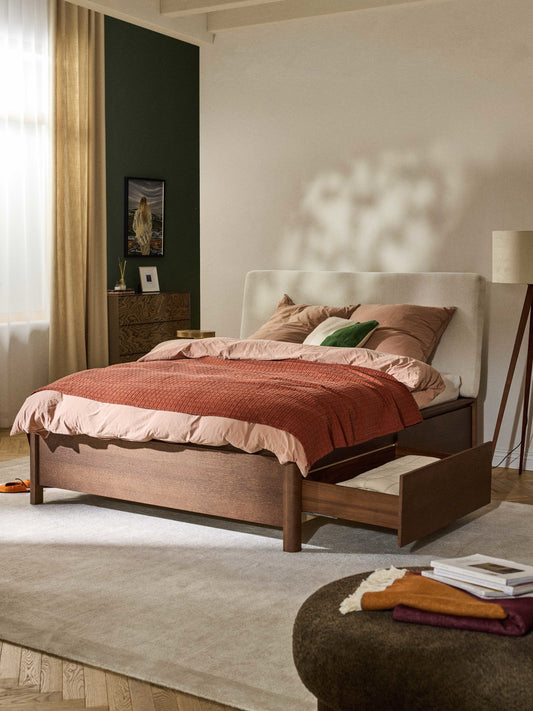Santiago Bed in Wood with Drawers and Upholstered Headboard