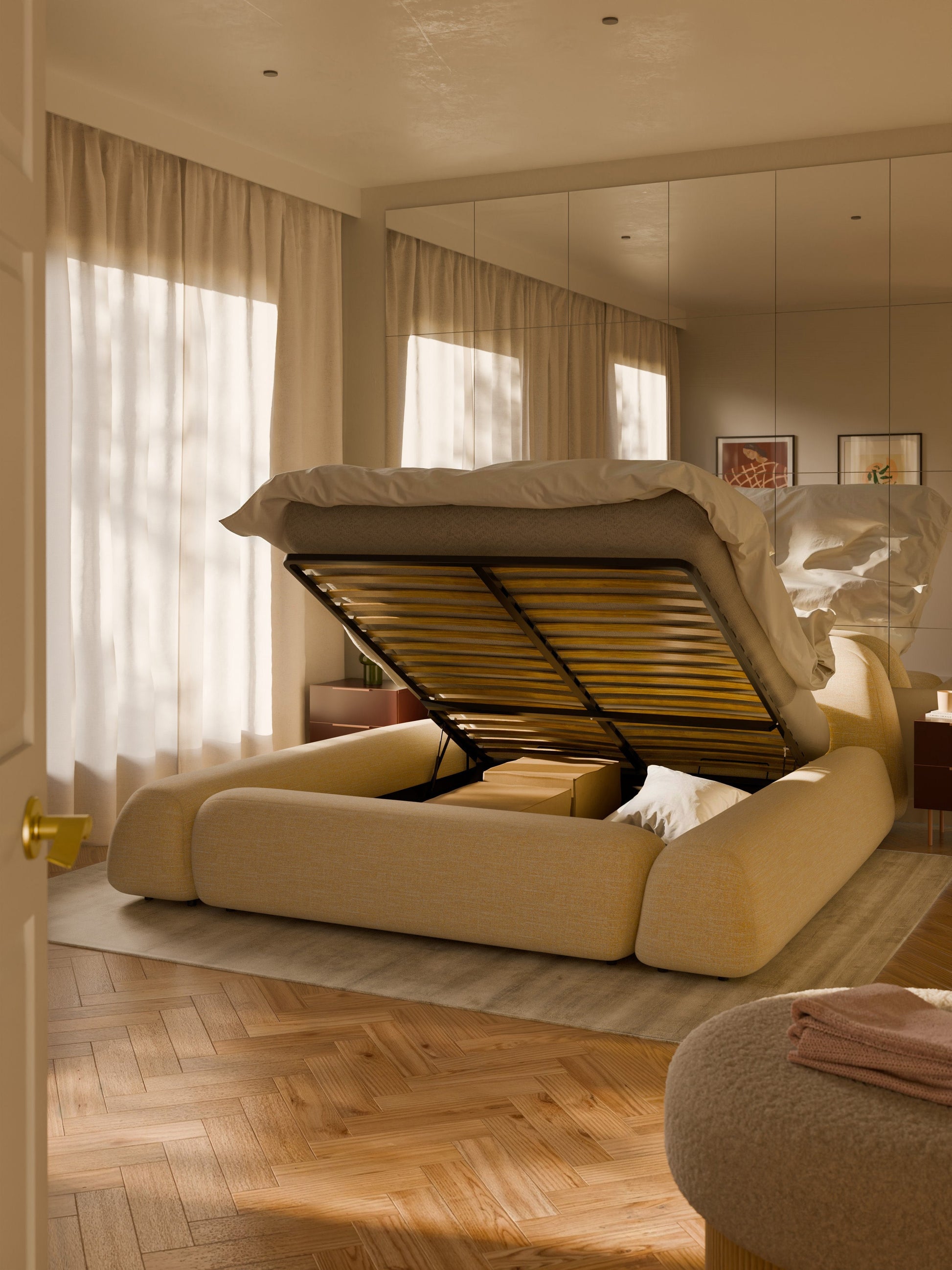 Wolke Upholstered Storage Bed in Bouclé