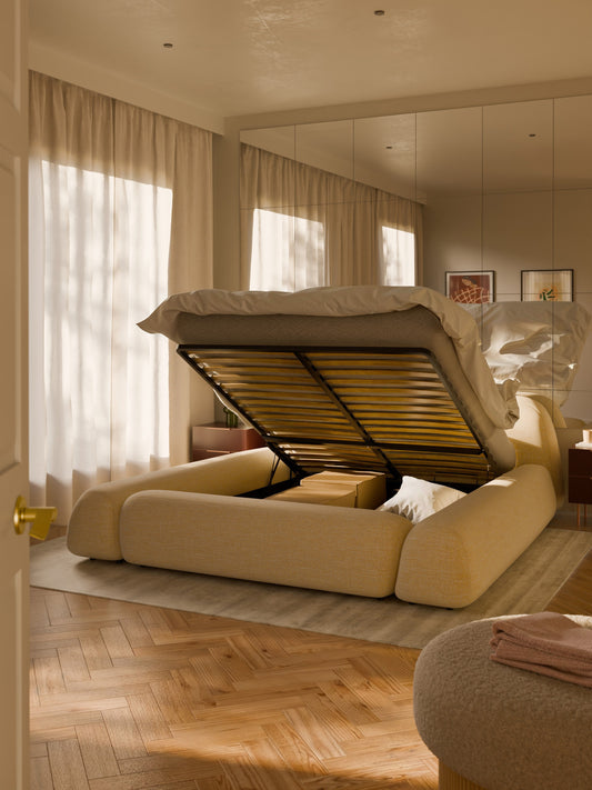 Wolke Upholstered Storage Bed in Bouclé