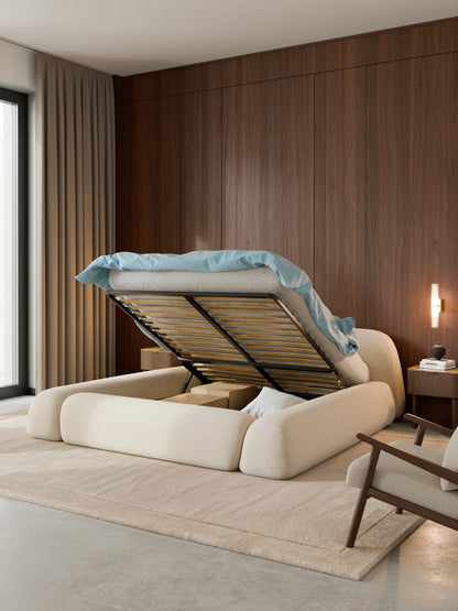 Wolke Upholstered Storage Bed in Bouclé